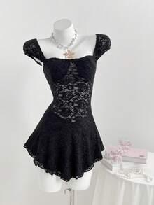 Elamini 女士提花针织腰果花纹理收腰连衣裙 - 黑色 - 查看 5