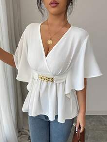 SHEIN Elenzya Áo kiểu nữ thời trang mới, màu trơn, cổ chữ V, chất liệu vải dệt, tay bồng, thắt eo, viền bèo nhún, kiểu dáng thanh lịch, thường ngày, ôm sát. - trắng - Xem 6