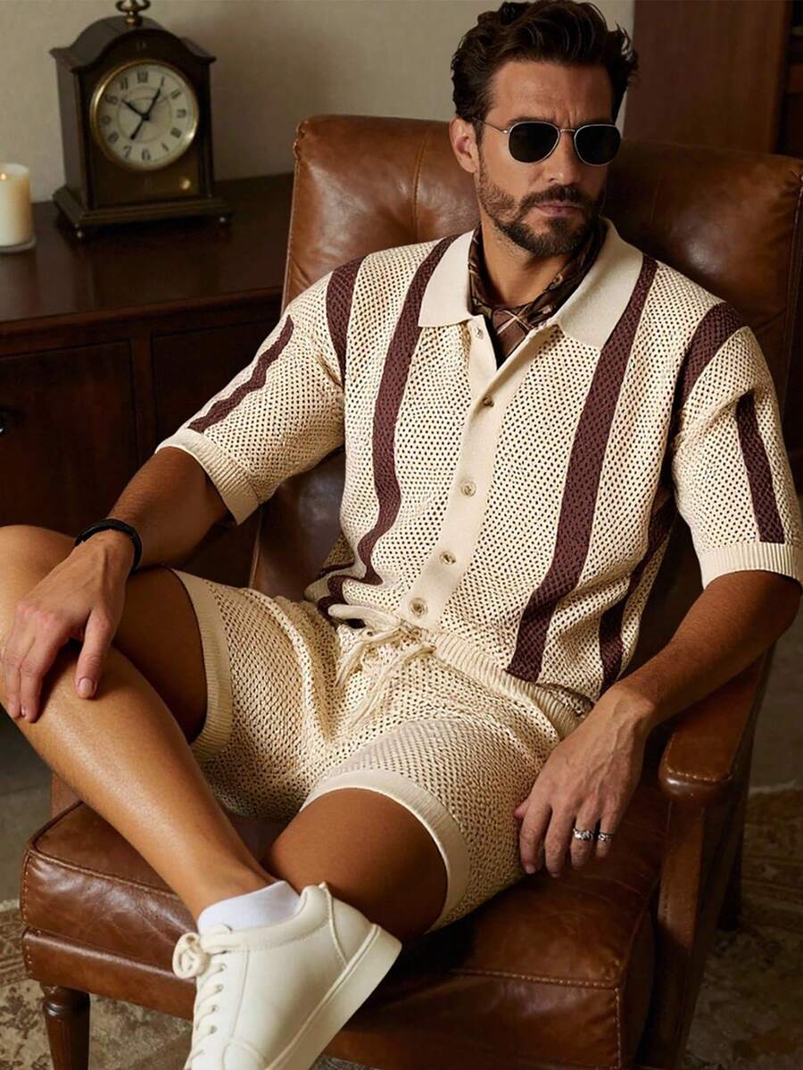 Manfinity Homme 男士条纹图案纽扣前开襟短袖上衣和短裤针织衫套装 - 彩色 - 查看 1