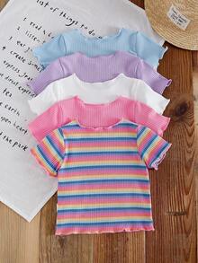 SHEIN 5pcs/Set Infant Girls' Fashion Frill Trim Tops, Spring/Summer - Multicolor - View 2