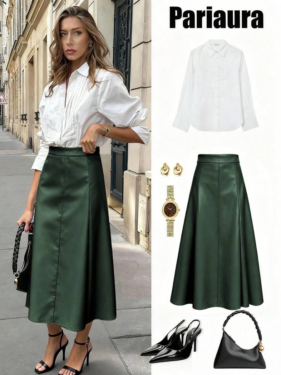 Pariaura 女士绿色皮革拉链A字裙，适合万圣节派对、婚礼宾客等场合，优雅百搭，冬季外出穿着，适合秋冬季节、圣诞节等各种场合，时尚别致，休闲百搭，棕色裙子，适合圣诞节、万圣节等各种场合。 - 墨綠色 - 查看 1