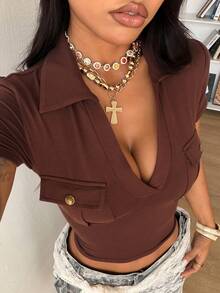 StreetHx 女士V领休闲T恤，性感时尚风格，仿口袋设计，ins风，酒红色，百搭，适合毕业典礼、返校季、日常穿着、新年等场合。 - 咖啡棕 - 查看 1