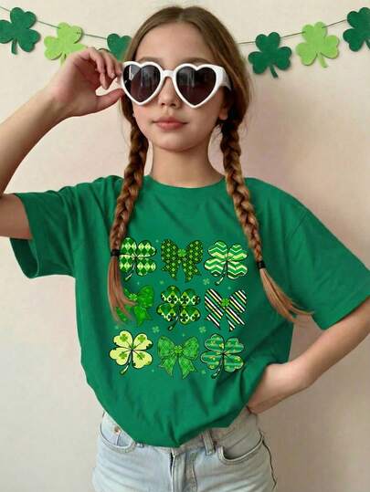 Tween Girl Green Round Neck Short Sleeve Graphic Tee, Casual Comfortable Fashion Versatile Minimalist Clover Pattern Short Sleeve Graphic Tee, Suitable For Daily Wear, School, Outings, Holiday Outfits