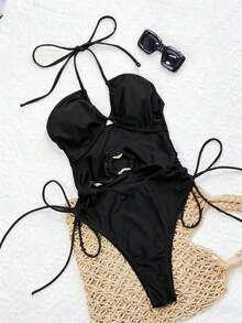 Swim SXY Áo tắm một mảnh hở lưng gợi cảm màu nâu sẫm bóng bẩy, dây rút, trang trí vòng rỗng, dành cho nữ. - màu đen - Xem 4