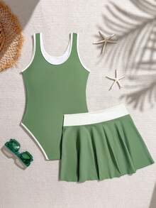 Tween Girl Summer Vacation Beach Letter Graphic One-Piece Swimsuit And Cover-Up Skirt Set - Army Green - View 2