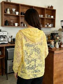 INAWLY Textured Fabric Loose Fit Hooded Women's Light Yellow Lightweight Jacket - Yellow - View 2