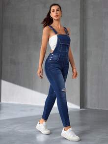 Flexra Slim Fit Sleeveless Square Neck Tie Pocket Distressed Casual Versatile Denim Jumpsuit - Dark Wash - View 6