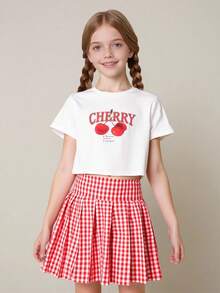 Elladie kids 两件套：少女格子图案梭织半身裙搭配蝴蝶装饰针织T恤，可爱校园/日常穿搭；两件套：女童蝴蝶装饰百褶裙搭配樱桃格子印花短袖短裤，舒适户外/校园穿搭 - 紅色 - 查看 5