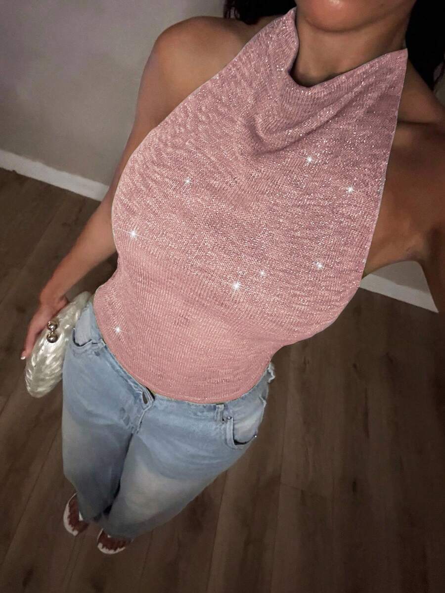 SHEIN Glamour 性感露背系带吊带背心，夏季女款 - 粉色 - 查看 1