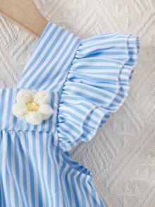 SHEIN 女童蓝色3D立体花朵短袖条纹公主裙，春夏款 - 藍色 - 查看 4