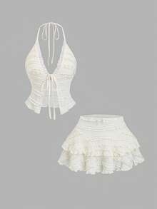 Sweetra Bộ đồ thời trang nữ phong cách nghỉ mát, lãng mạn kiểu bãi biển, chân váy xếp ly hai lớp ngắn, áo hai dây cổ yếm, bộ 2 mảnh ngọt ngào, mùa xuân/hè. - Màu be - Xem 1