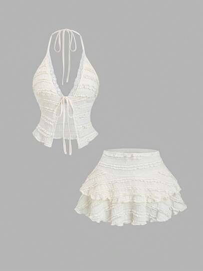 Sweetra Women's Fashion Vacation Style Set, Romantic Beach Vibe, Mini Double-Layer Flounce Skirt, Halter Neck Camisole, Sweet 2-Piece Set, Spring/Summer