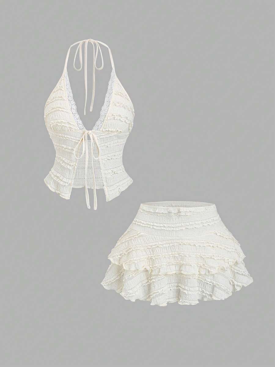 Sweetra Bộ đồ thời trang nữ phong cách nghỉ mát, lãng mạn kiểu bãi biển, chân váy xếp ly hai lớp ngắn, áo hai dây cổ yếm, bộ 2 mảnh ngọt ngào, mùa xuân/hè. - Màu be - Xem 1