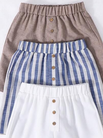 Set de 3 pantalones cortos casuales de niño de unicolor, de ajuste holgado y cintura elástica, versátiles para uso diario, escuela, transporte, deportes, primavera/verano