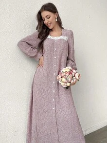 Yasmyna Women's Purple & White Floral Print Lace Trim Long Sleeve Elegant Romantic Arabic Style Dress, Spring/Summer - Red Violet - View 4