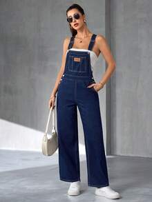 Flexra 女士纯色简约休闲牛仔连体裤 - 深色水洗藍 - 查看 4
