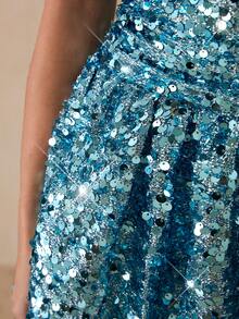 Glamine 女士亮片连衣裙、黑色连衣裙、无肩带连衣裙、时尚明星同款A字迷你连衣裙、派对鸡尾酒裙 - 藍色 - 查看 6