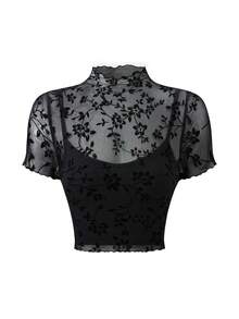 SHEIN PETITE Petite Series Knit Flocked T-Shirt + Lining Camisole, Two Pieces Cropped Streetwear - Black - View 1