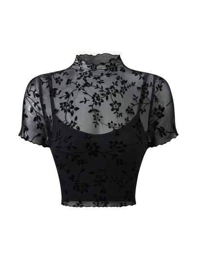 SHEIN PETITE Petite Series Knit Flocked T-Shirt + Lining Camisole, Two Pieces Cropped Streetwear