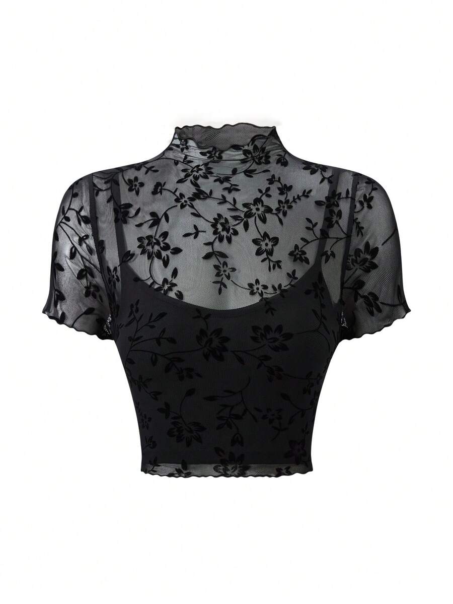 SHEIN PETITE Petite Series Knit Flocked T-Shirt + Lining Camisole, Two Pieces Cropped Streetwear - Black - View 1