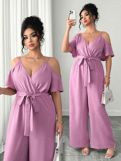 Elenzga Plus Size Women's New Solid Color Off-Shoulder Spaghetti Strap Crossed V-Neck Cinched Waist Bow Tie Wide Leg Ruffle Sleeve Business Chic French Romantic Elegant Casual Holiday Travel Date Outfit, Suitable For Spring And Summer