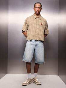 PLAYBOY X SUMWON Men's Cropped Button Down Shirt Short Sleeve Checkered Pattern Collared Casual Summer Spring Relaxed Fit Style - Yellow - View 3