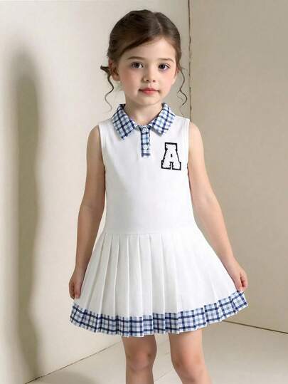1pc Girls' School Style Blue & White Plaid Patchwork Letter A Decor Sleeveless Vest & Pleated Skirt Set, Button Collar Dress For Daily, Campus, Outdoor Wear, Spring/Summer