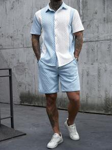 Manfinity Homme 男士撞色 Polo 领单排扣短袖衬衫上衣和短裤休闲日常穿搭 - 彩色 - 查看 5