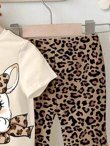1 Set Niñas Bebé Lindo Oreja de Conejo y Estampado de Leopardo Cuello Redondo Manga Corta Camiseta y Pantalones Campana de Leopardo Conjunto Lindo, Ropa con Estampado de Conejo de Dibujos Animados, Primavera a Verano, Atuendos de Verano, Atuendo de Pascua - Multicolor - Ver 5
