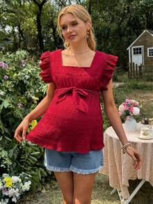 SHEIN Solid Color Textured Fabric Ruffle Sleeve Tie Bow Maternity Blouse - Burgundy - View 1