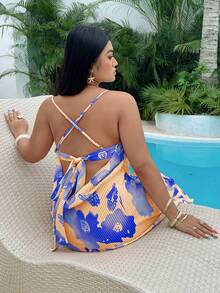 Sunnyshic Plus Size Contrast Color Print Criss-Cross Strap Dress - Coral Orange - View 5
