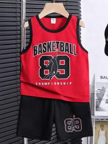 SHEIN 2pcs/Set Young Boy Letter Print Trim Round Neck Tank Top And Shorts - Red - View 3