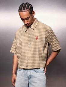 PLAYBOY X SUMWON Men's Cropped Button Down Shirt Short Sleeve Checkered Pattern Collared Casual Summer Spring Relaxed Fit Style - Yellow - View 4