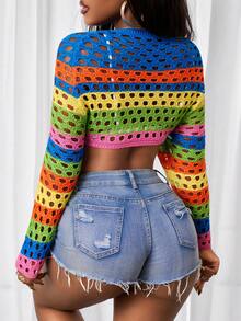 SHEIN BamGlam Áo khoác cardigan nữ họa tiết sọc nhiều màu sắc, nhẹ nhàng, thích hợp cho kỳ nghỉ hè/xuân ở bãi biển. - Nhiều màu - Xem 2