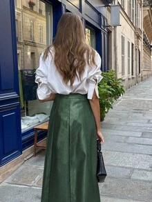 Pariaura 女士绿色皮革拉链A字裙，适合万圣节派对、婚礼宾客等场合，优雅百搭，冬季外出穿着，适合秋冬季节、圣诞节等各种场合，时尚别致，休闲百搭，棕色裙子，适合圣诞节、万圣节等各种场合。 - 墨綠色 - 查看 2