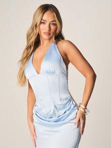 MISSGUIDED Halter Neck Plunging V-Neck Draped Maxi Dress Sleeveless Evening Gown Floor Length Formal Wedding Guest Party Dress - Blue - View 3