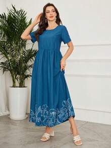 Al Najma Women's Woven One-Shoulder Floral Print Loose Long Dress - Blue - View 5