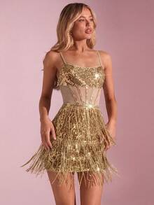 SHEIN Glamour 亮片流苏刺绣网纱面料拼接拉链优雅性感闪亮约会之夜吊带迷你连衣裙 - 金色 - 查看 3