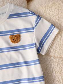 SHEIN 2pcs/Set Baby Boy Summer Casual Cute Striped T-Shirt And Elastic Waist Shorts Set - Blue - View 4