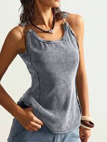 Bohemela Áo tank top nữ dệt kim màu trơn, phong cách boho, không tay, kiểu dáng thường ngày, đã qua xử lý giặt, dành cho kỳ nghỉ. - Màu xám đen - Xem 6