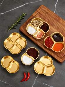 1个不锈钢双格/三格/四格酱料碟，韩式烤肉蘸酱盘，圣诞礼物，学习用品 - 金色 - 查看 2