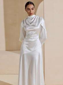 Graceveil Đầm dài tay thanh lịch, màu trơn, bóng bẩy, xếp ly, thắt eo, tinh tế dành cho nữ. - Màu be - Xem 3