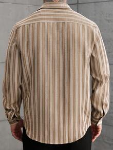 Manfinity CasualCool Minimalist Men's Long Sleeve Button Front Khaki Striped Regular Shirt In Woven Fabric For Casual Wear - Khaki - View 2