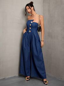 Selenza Women's Elegant Strapless Wide Leg Straight Leg Denim Jumpsuit With Gold Buttons - Dark Wash - View 4