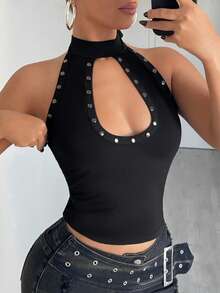 Jeanoix Camiseta sin espalda de cuello halter de unicolor y sexy para mujer - Negro - Ver 1