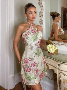 Glamine Elegant Palace Style Romantic Thousand Gold Wind, Romantic Date Fashion Charming Ladies Spaghetti Strap Dress, Beach Vacation, Urban Commute Graceful Business Floral Cinched Waist Dress - Multicolor - View 5