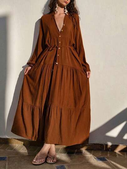 Bóhologie Robe-chemise longue bohème marron – Chemise à manches longues boutonnée pour femme, tenue d'été fluide et élégante, idéale pour les vacances, la plage, la plage, les voyages, les festivals, le quotidien, les vacances et les séjours de villégiature.