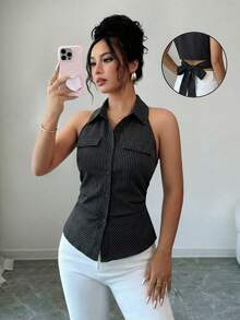 SHEIN Raffinéa Women's Striped Halter Backless Tie Design Fashionable Versatile Casual Blouse - Black - View 1