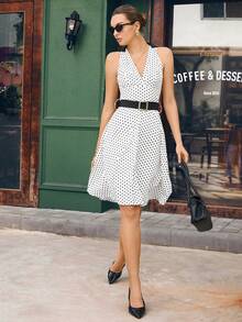 Opuloom Women's Elegant Polka Dot V-Neck Sleeveless Waist Cinched Casual Commute Date Party Dinner Dress, Spring/Summer - Multicolor - View 5