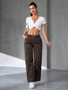 Jeanoix 休闲宽松直筒低腰迷彩多口袋女式牛仔裤，欧美街头风 - 彩色 - 查看 5